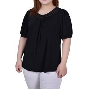 NY Collection Plus Size Short Puff Sleeve Sheer Inset Top | Size 2X